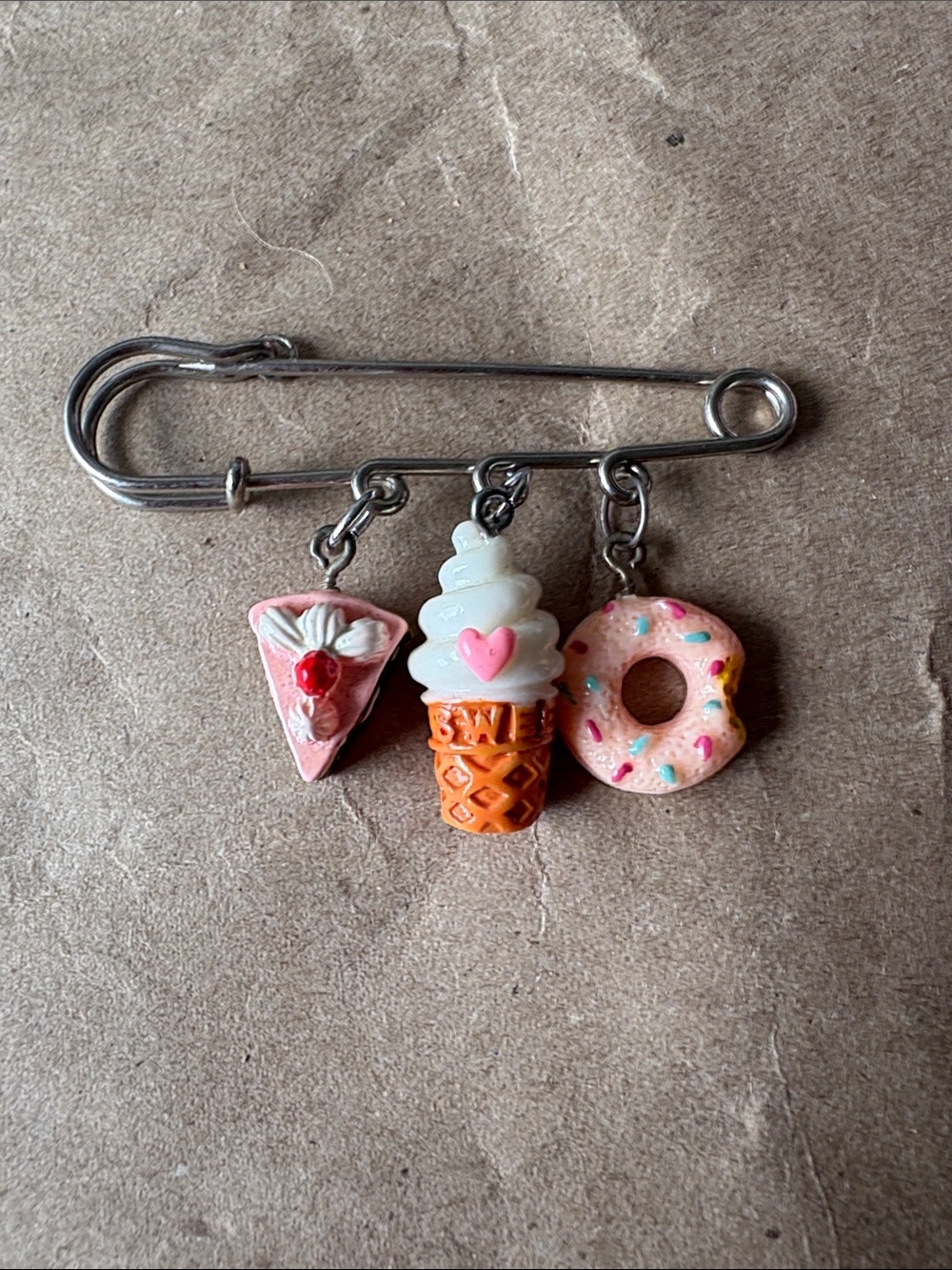 Safety Pin Charm Brooch with Pink Dessert Charms